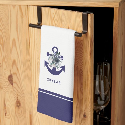Nautical Flowers | Navy Blue Floral Anchor Theedoek (Derde Gevouwen)