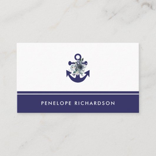 Nautical Flowers | Navy Blue Floral Anchor Visitekaartje (Voorkant)