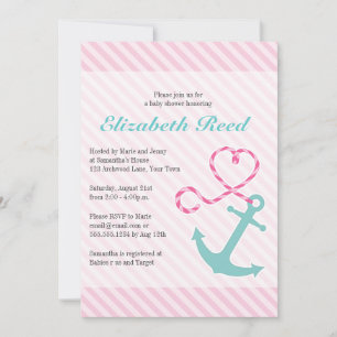 Nautical Girl Baby shower Anchor w/Heart Rope Kaart