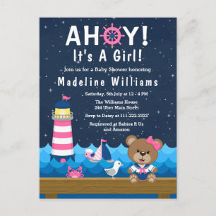 Nautical Girl Beer Pink and Navy Baby shower Briefkaart