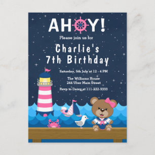 Nautical Girl Beer Pink and Navy Birthday Party Briefkaart