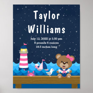 Nautical Girl Beer Pink Navy Birth Statistics Poster