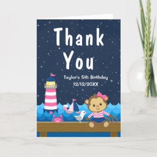 Nautical Girl Monkey Pink and Navy Birthday Party Bedankkaart