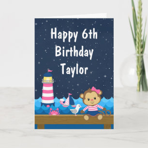 Nautical Girl Monkey Pink and Navy Happy Birthday Kaart