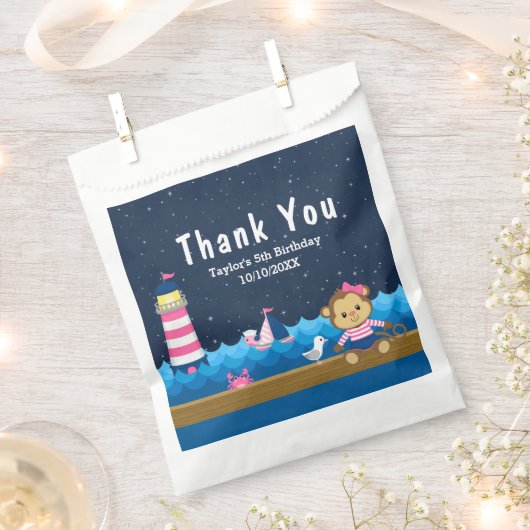 Nautical Girl Monkey Pink Birthday Party Hartelijk Bedankzakje (Geknipt)