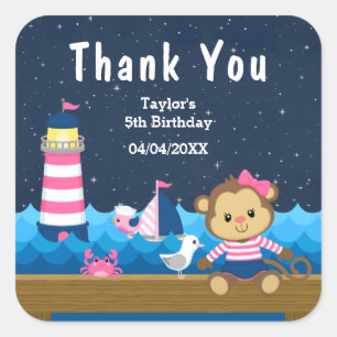 Nautical Girl Monkey Pink Birthday Party Hartelijk Vierkante Sticker