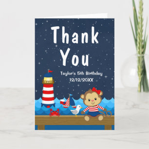 Nautical Girl Monkey Red and Navy Birthday Party Bedankkaart