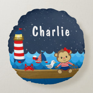 Nautical Girl Monkey Red en marine Rond Kussen