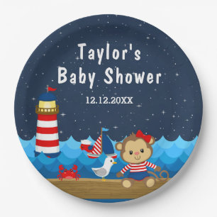 Nautical Girl Monkey Red en Navy Baby shower Papieren Bordje