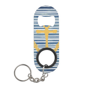 Nautical Gold Anchor Blue Stripes Bottle Opener Mini Flessenopener