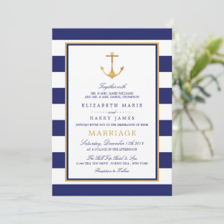  Nautical Gold Anchor, marine & Gold Wedding Kaart