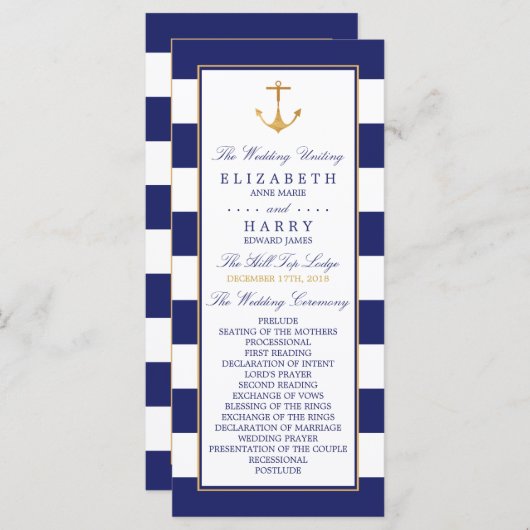 Nautical Gold Anchor, marine & Gold Wedding Programma (Voorkant / Achterkant)