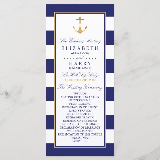 Nautical Gold Anchor, marine & Gold Wedding Programma (Voorkant)