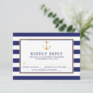  Nautical Gold Anchor, marine & Gold Wedding RSVP Kaartje