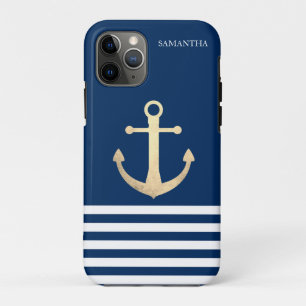 Nautical, Gold Anchor Navy Blue Striped iPhone 11 Pro Hoesje