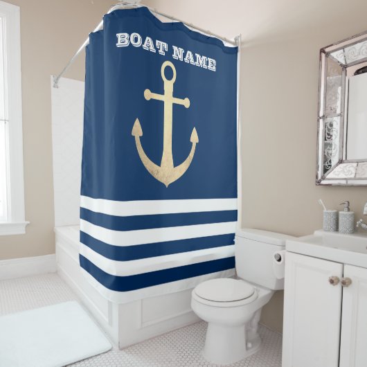 Nautical, Gold Anchor Navy Blue Striped Douchegordijn (In situ)