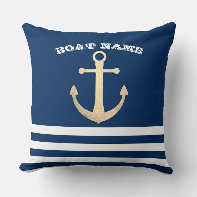Nautical, Gold Anchor Navy Blue Striped Kussen (Voorkant)