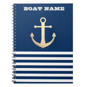 Nautical, Gold Anchor Navy Blue Striped Notitieboek