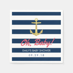 Nautical Gold Anchor Navy Blue Stripes Baby shower Servetten