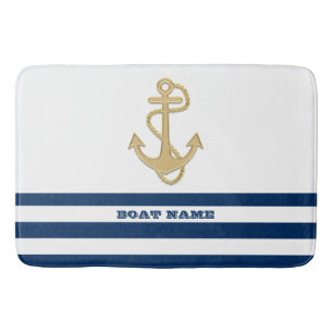 Nautical, Gold Anchor Navy Blue White Stripes Badmat
