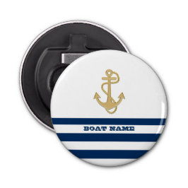 Nautical, Gold Anchor Navy Blue White Stripes Button Flesopener