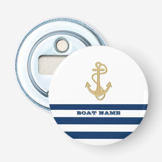 Nautical, Gold Anchor Navy Blue White Stripes Button Flesopener (Voorkant)