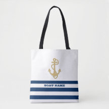 Nautical, Gold Anchor Navy Blue White Stripes