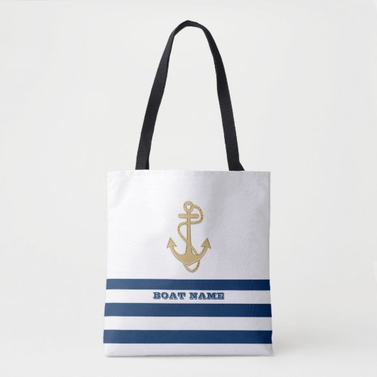 Nautical, Gold Anchor Navy Blue White Stripes Draagtas (Voorkant)