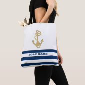 Nautical, Gold Anchor Navy Blue White Stripes Draagtas (Dichtbij)