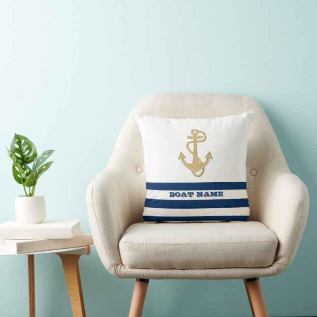 Nautical, Gold Anchor Navy Blue White Stripes Kussen (Stoel)