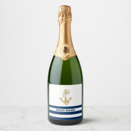 Nautical, Gold Anchor Navy Blue White Stripes Sparkling Wijnetiket