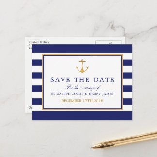 Nautical Gold Anchor, Navy & Gold Save The Date Aankondigingskaart