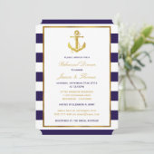 Nautical Gold Anchor Navy Stripe Rehearsal Dinner Kaart (Staand voorkant)