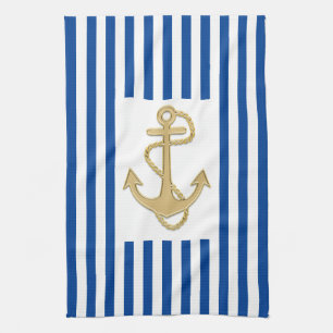 Nautical Gold Anchor op Blue Stripes Hand of Theedoek