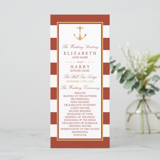 Nautical Gold Anchor, Red Brick & Gold Wedding Programma (Staand voorkant)