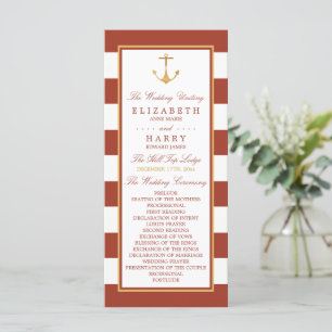 Nautical Gold Anchor, Red Brick & Gold Wedding Programma