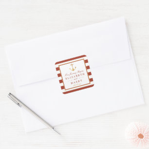 Nautical Gold Anchor, Red Brick & Gold Wedding Vierkante Sticker