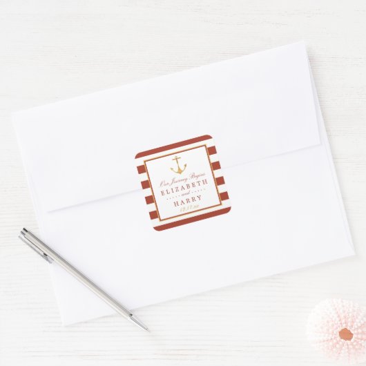 Nautical Gold Anchor, Red Brick & Gold Wedding Vierkante Sticker (Envelop)
