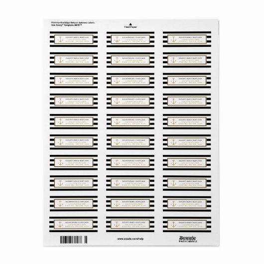 Nautical Gold Anchor, zwart & goudweddenschap Etiket (Full Sheet)