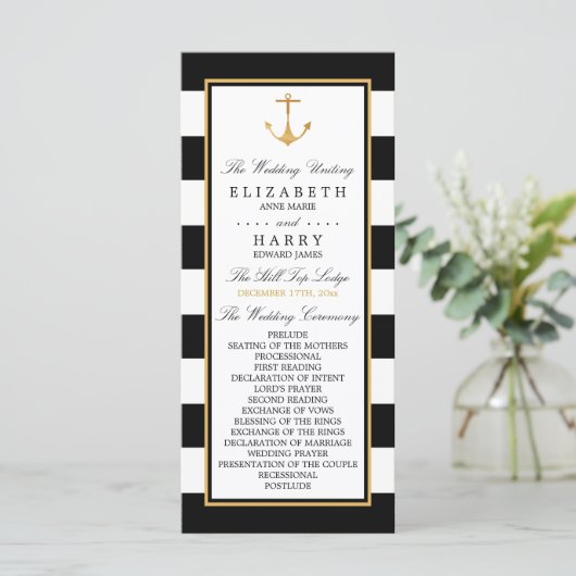 Nautical Gold Anchor, zwart & goudweddenschap Programma (Staand voorkant)