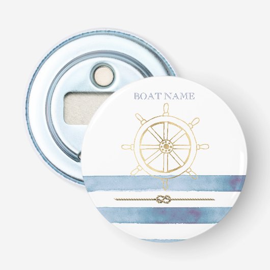 Nautical Gold Boat Wheel, Blue Waterverf Stripes Button Flesopener (Voorkant)