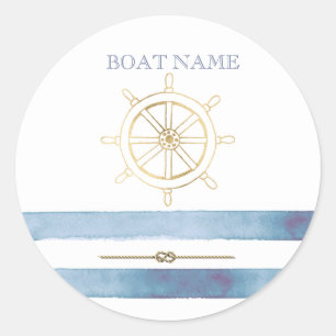 Nautical Gold Boat Wheel, Blue Waterverf Stripes Ronde Sticker