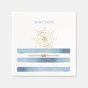 Nautical Gold Boat Wheel, Blue Waterverf Stripes Servet