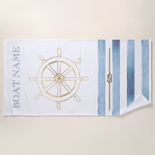 Nautical Gold Boat Wheel, Blue Waterverf Stripes Strandlaken (Voorkant)