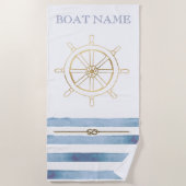 Nautical Gold Boat Wheel, Blue Waterverf Stripes Strandlaken (Voorkant)