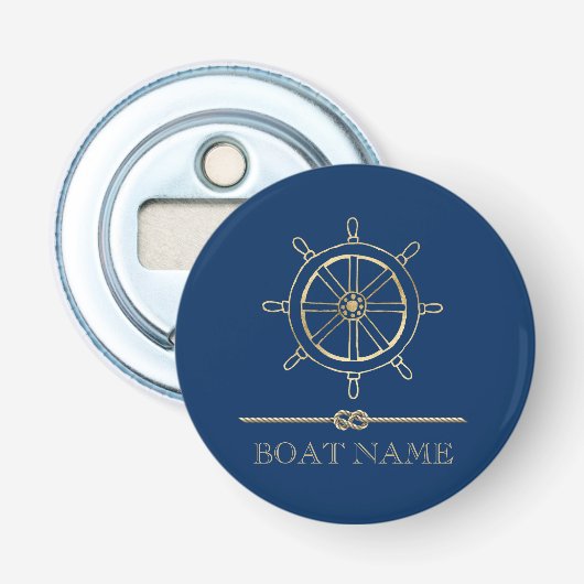 Nautical Gold Boat Wheel, Navy Blue Button Flesopener (Voorkant)