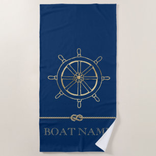 Nautical Gold Boat Wheel, Navy Blue Strandlaken