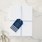 Nautical, Gold Boat Wheel, Navy Blue Stripes Cadeaulabel (Met Touw)