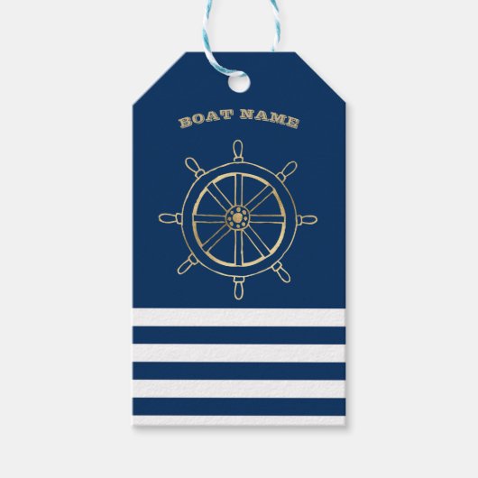 Nautical, Gold Boat Wheel, Navy Blue Stripes Cadeaulabel (Voorkant)
