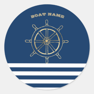 Nautical, Gold Boat Wheel, Navy Blue Stripes Ronde Sticker